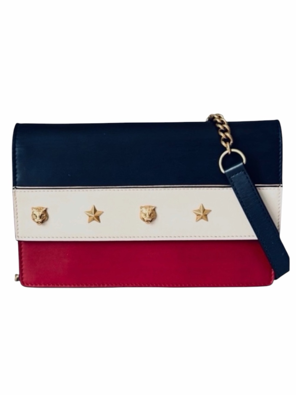 GUCCI Animalier Tiger Stud Chain Wallet WOC Blue Red White Leather Crossbody Bag